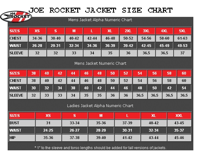 Joe Rocket Size Chart