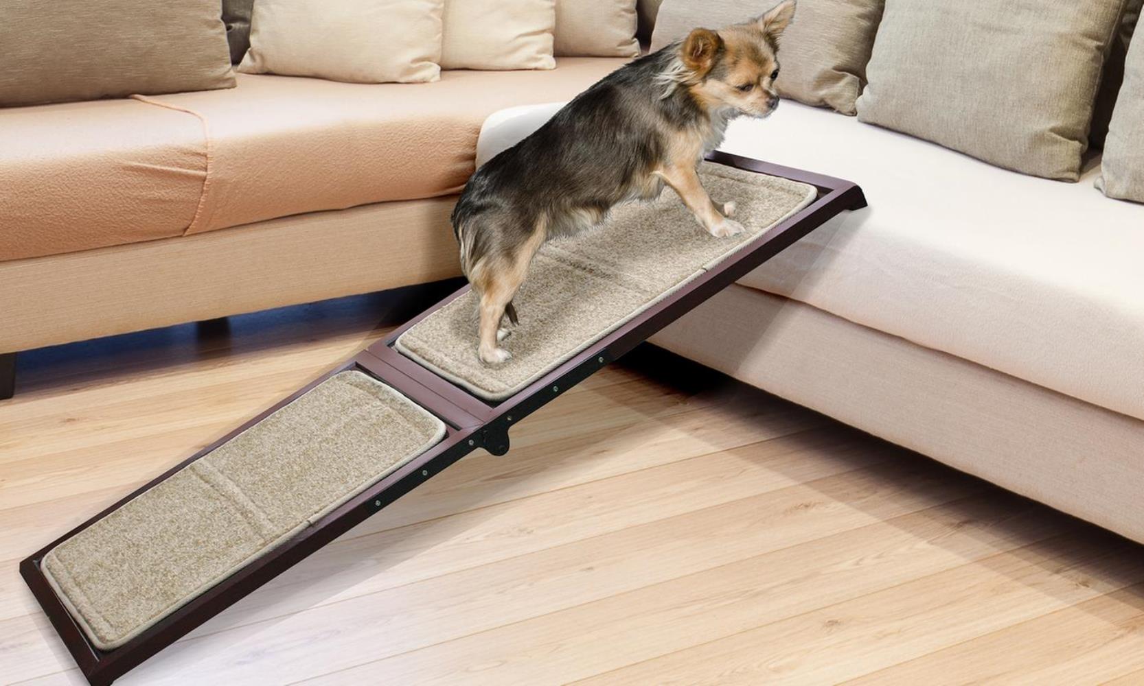 Wooden Folding Pet Ramp 43” Carpeted Dog Ramp For Stairs , Cars , Bed