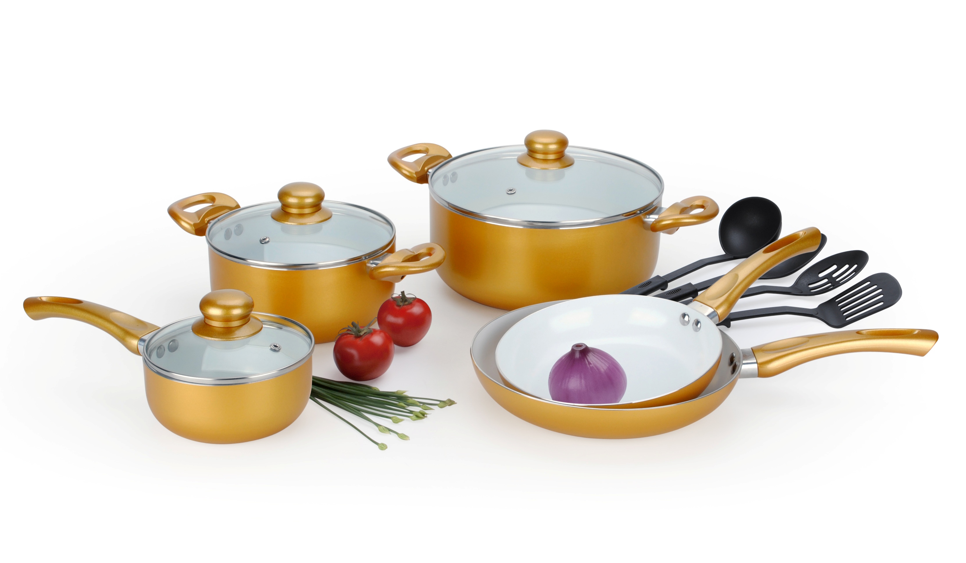 12 Pc Ceramic Coated Gold Cookware Set w/ Glass Lids & Cooking Utensils eBay