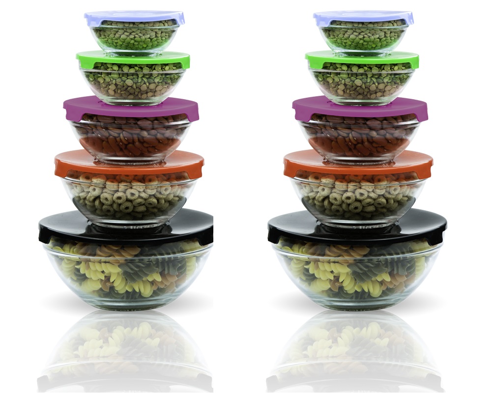 10 Pcs Glass Lunch Bowls Food Storage Containers Set With Color Coded
