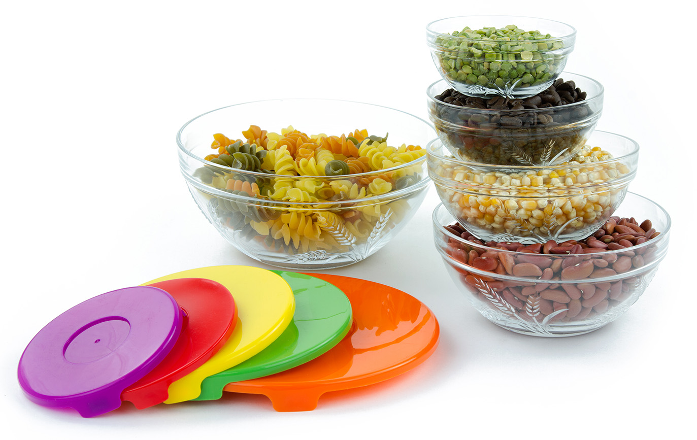 10 Pcs Glass Food Storage Bowls Set w/ Colored Lids (Embossed Wheat