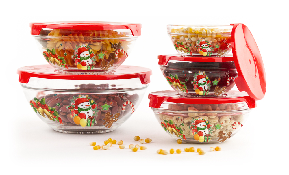 5 Pc Christmas Glass Bowls Travel Food Containers w/ Lids & Snowman