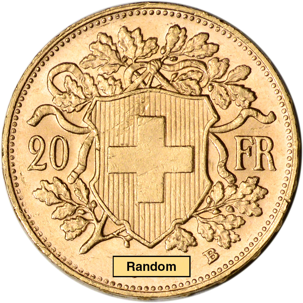 Swiss Gold 20 Francs (.1867 oz) - Helvetia - XF/AU - Pre 1934 - Random