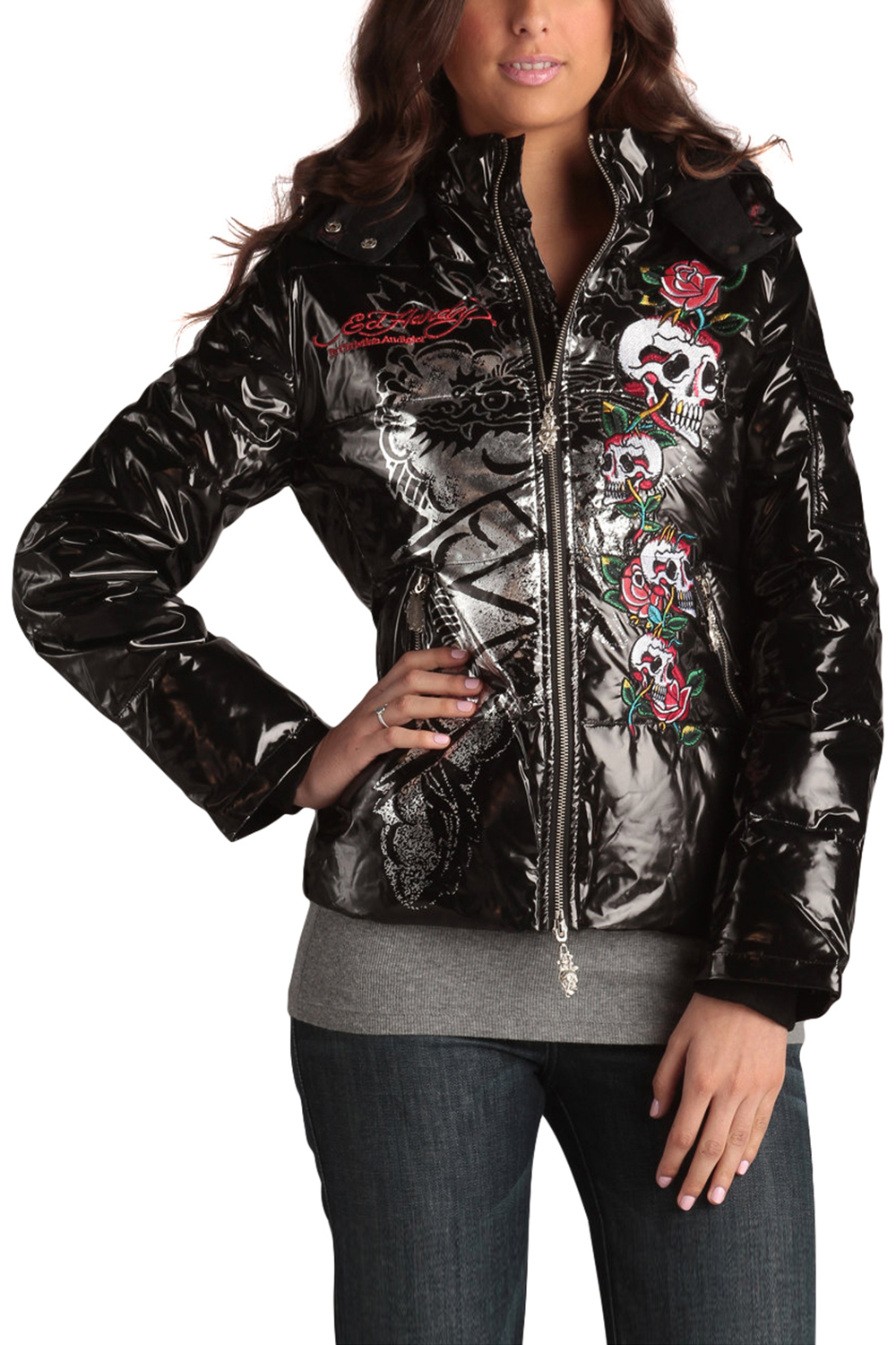 Ed Hardy Black Womens Skull Roses Puffer Jacket eBay