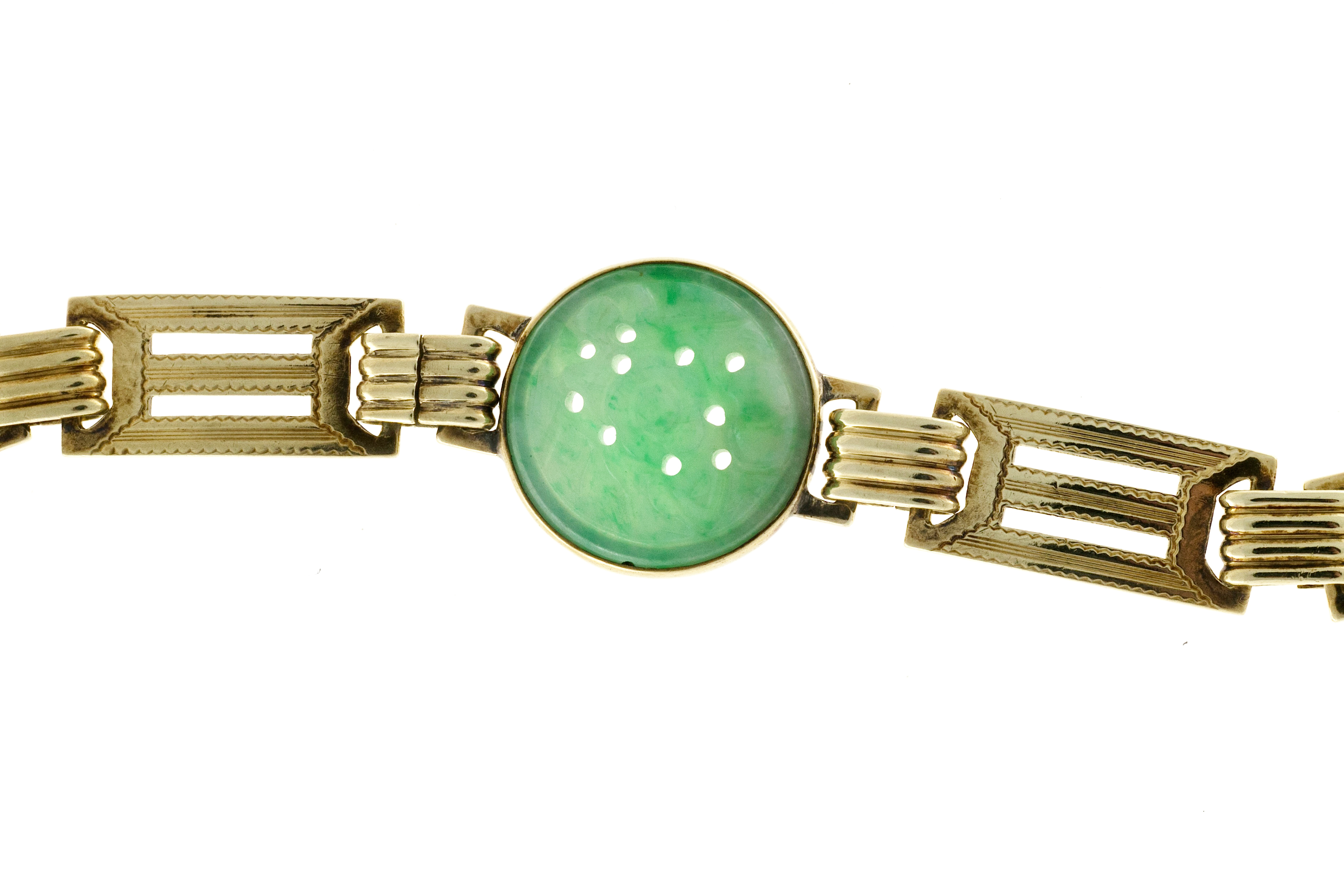 VINTAGE green  jade  color CARVED gold  BRACELET