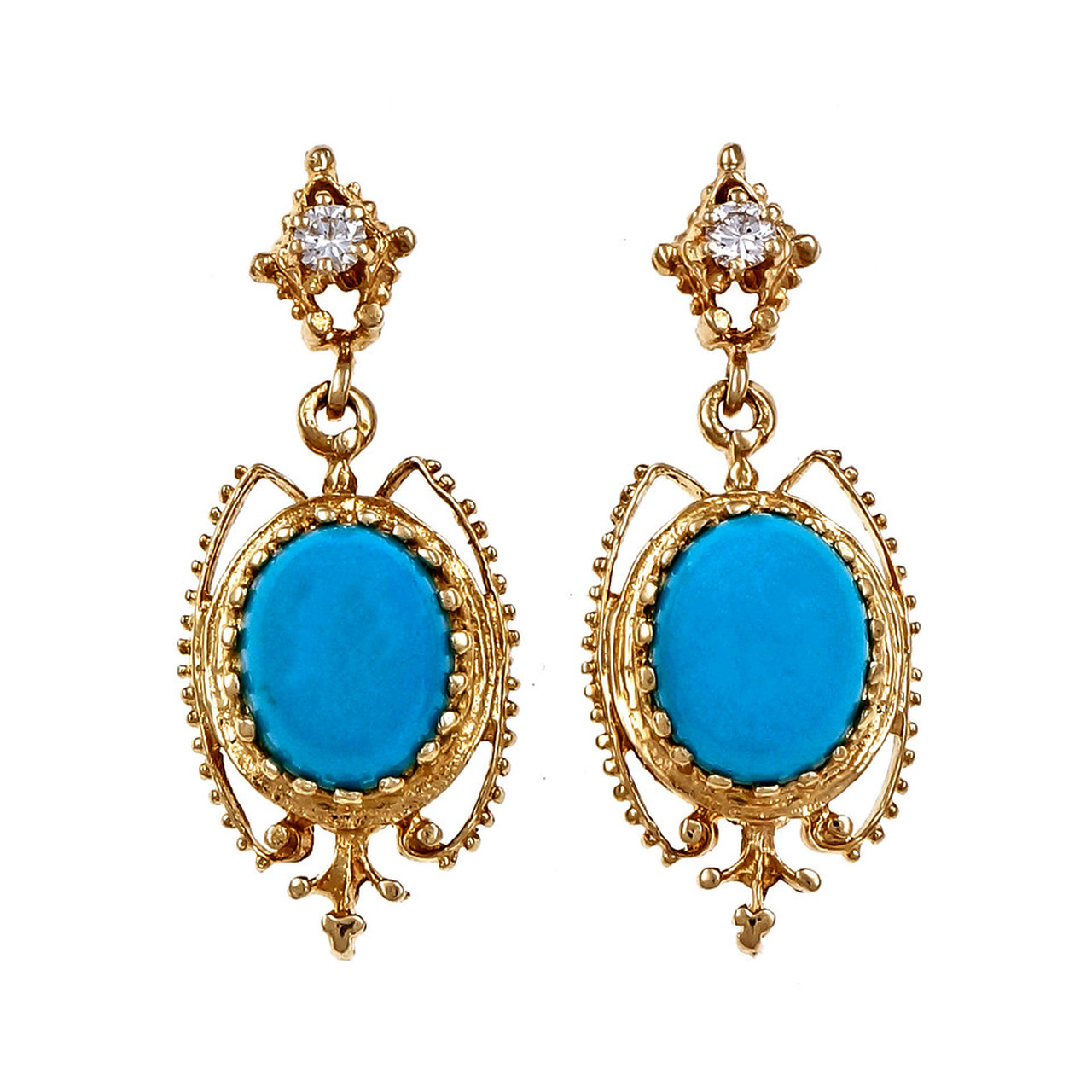 Persian Natural Turquoise Dangle Earrings 14k Yellow Gold Diamond | eBay