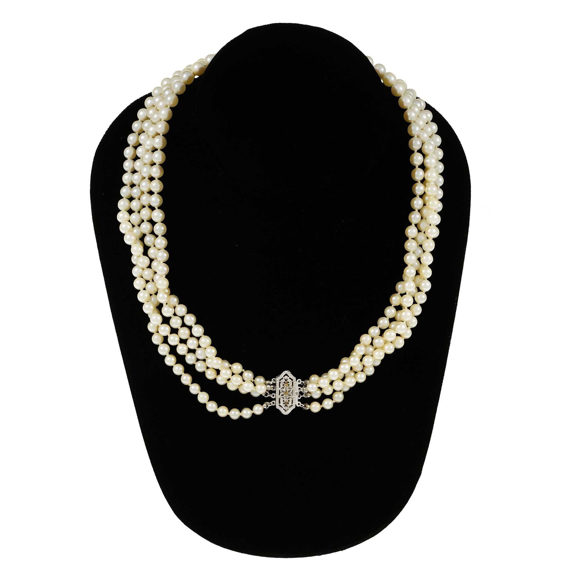 Vintage 1950 4 Strand Cultured Pearl Necklace Graduated 14k White Gold ...