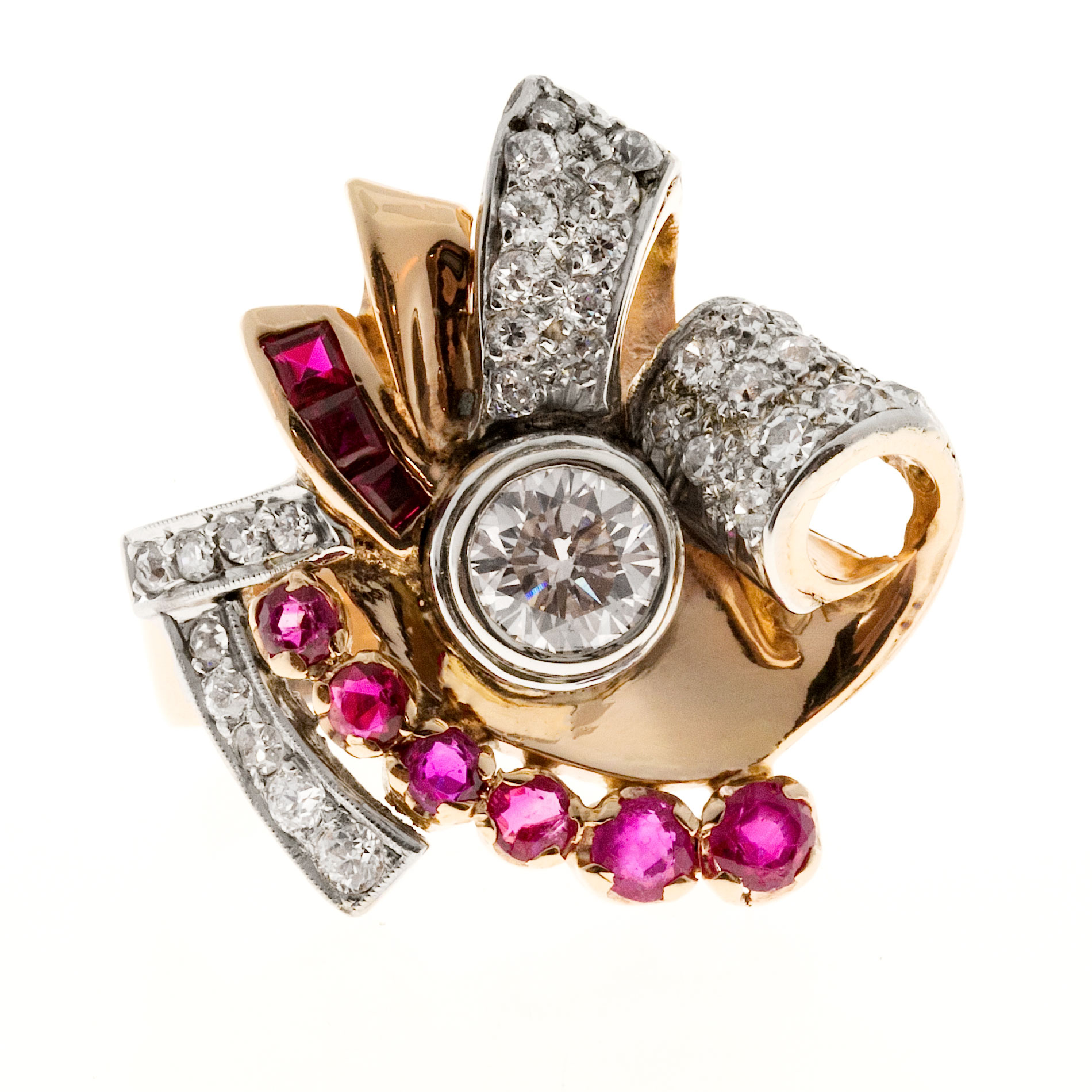 Vintage 1940's 14k Pink Gold & Platinum Retro Round Diamond Ruby Swirl ...