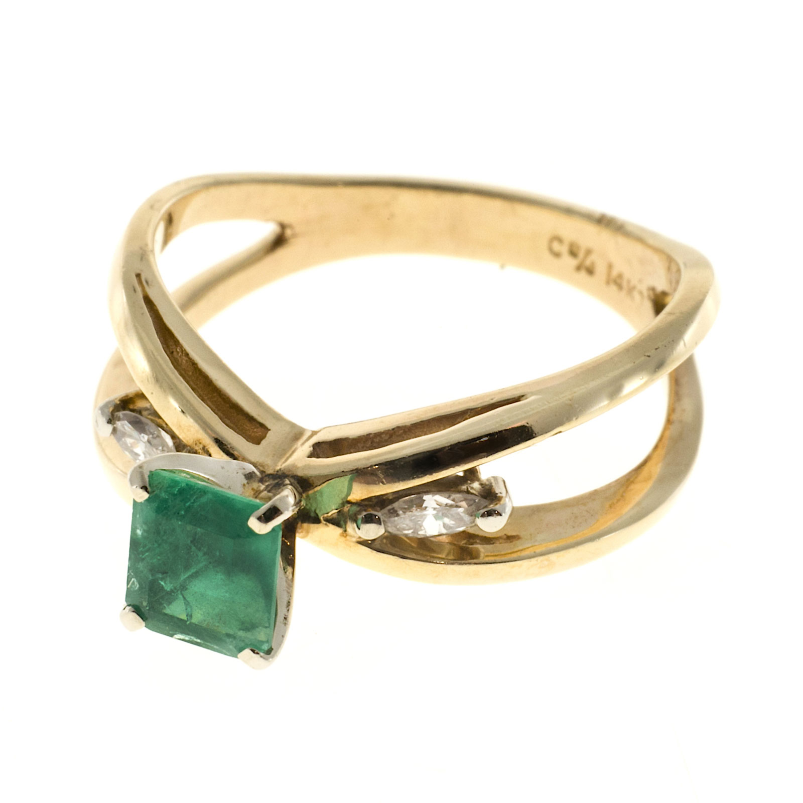 Vintage 1970s 'X' Design Square Emerald Marquise Diamond 14k Gold Ring ...