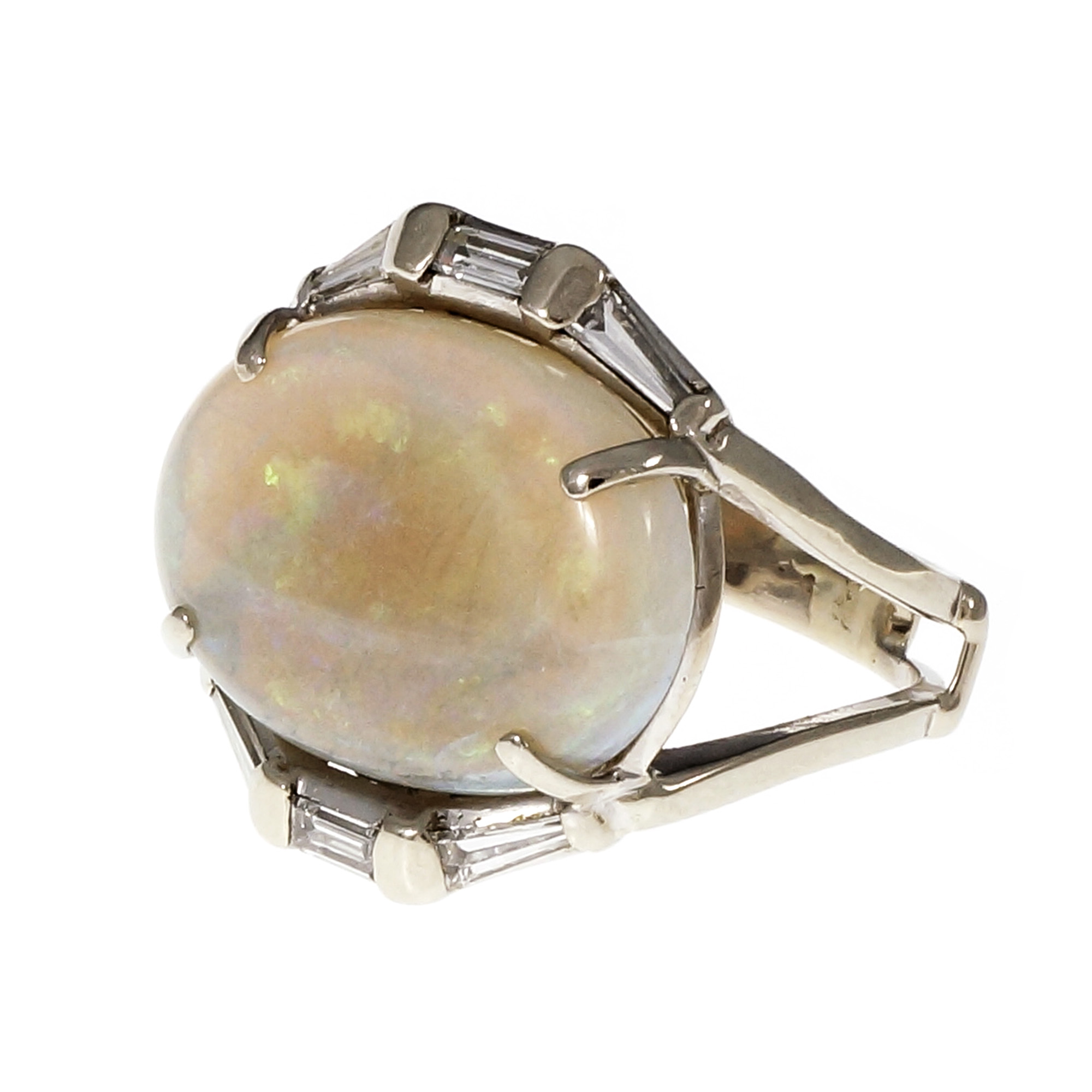Vintage 1960 Large Oval Opal Ring Diamond Baguettes 14k White Gold | eBay
