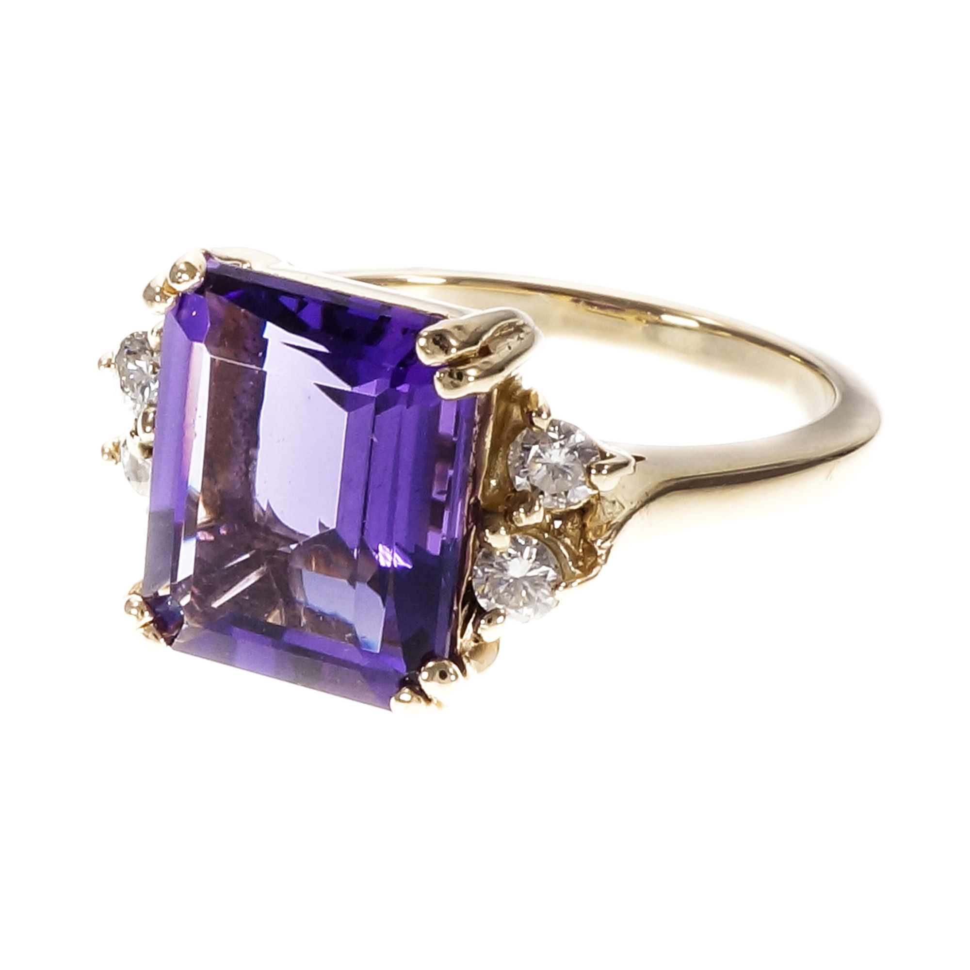 Estate Bright Purple Amethyst Ring Emerald Cut Diamond 14k Yellow Gold ...