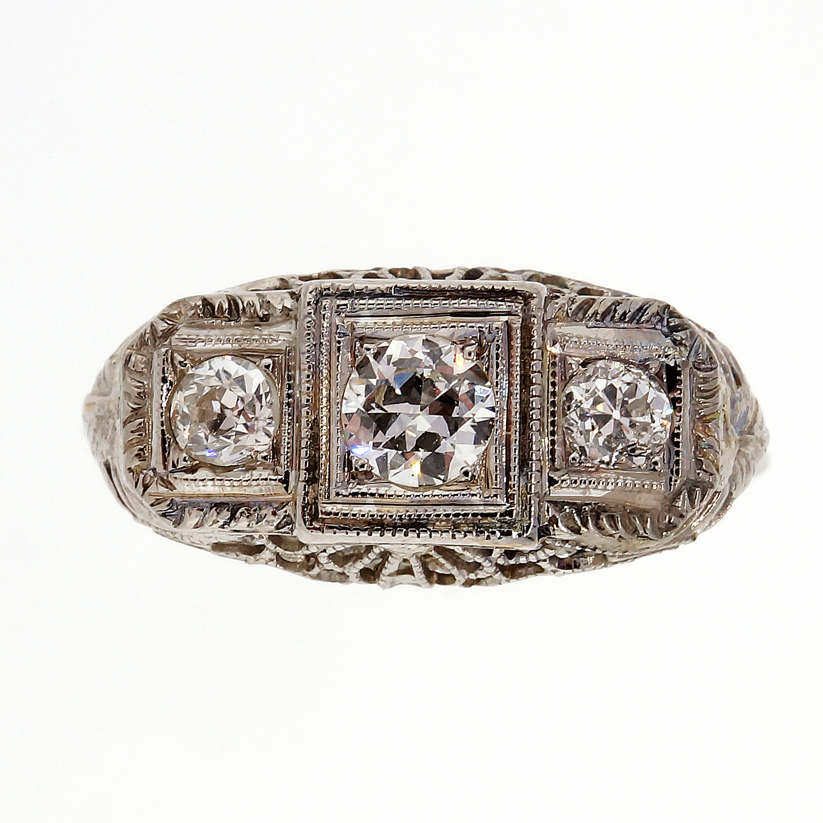 Antique Art Deco Filigree 3 Stone Diamond Ring .48ct 18k White Gold | eBay