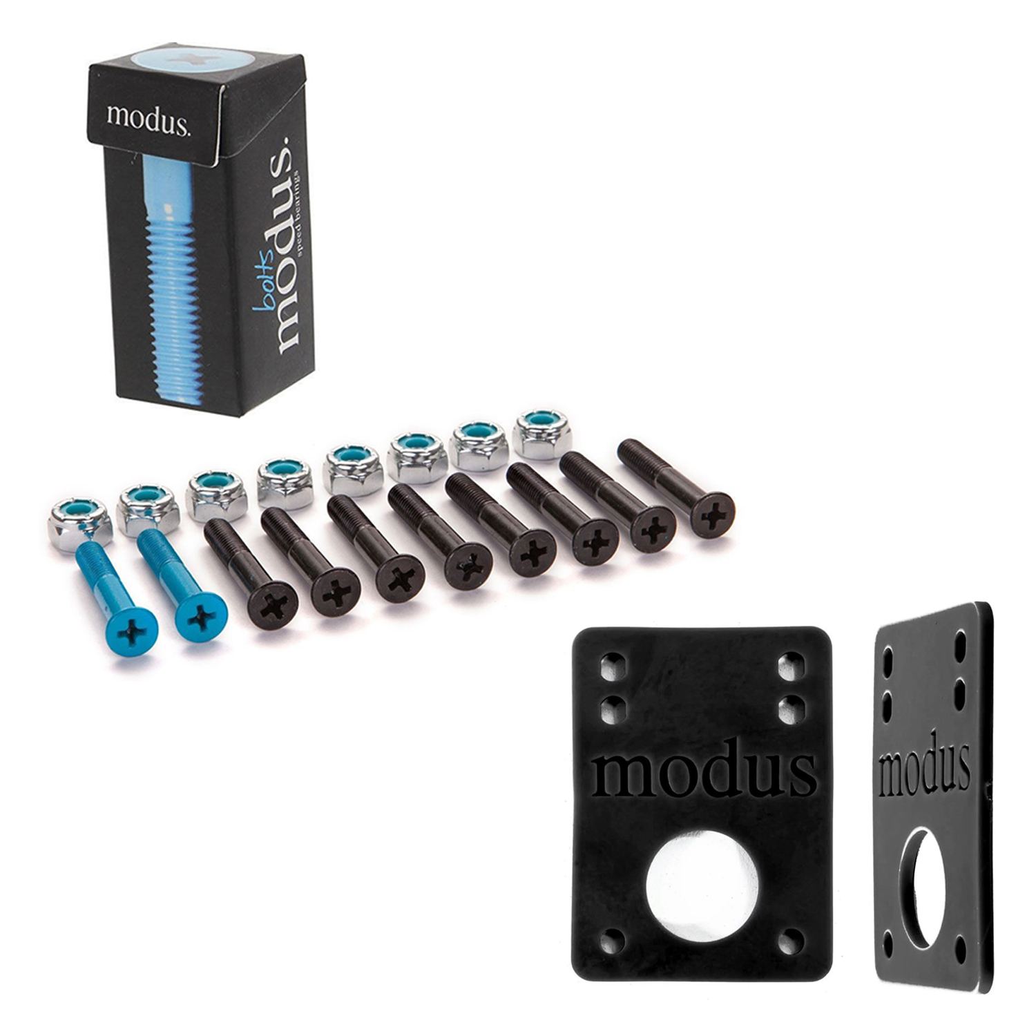 Modus Skateboard Hardware Combo 1in Phillips Blue Black / Black Riser Pads