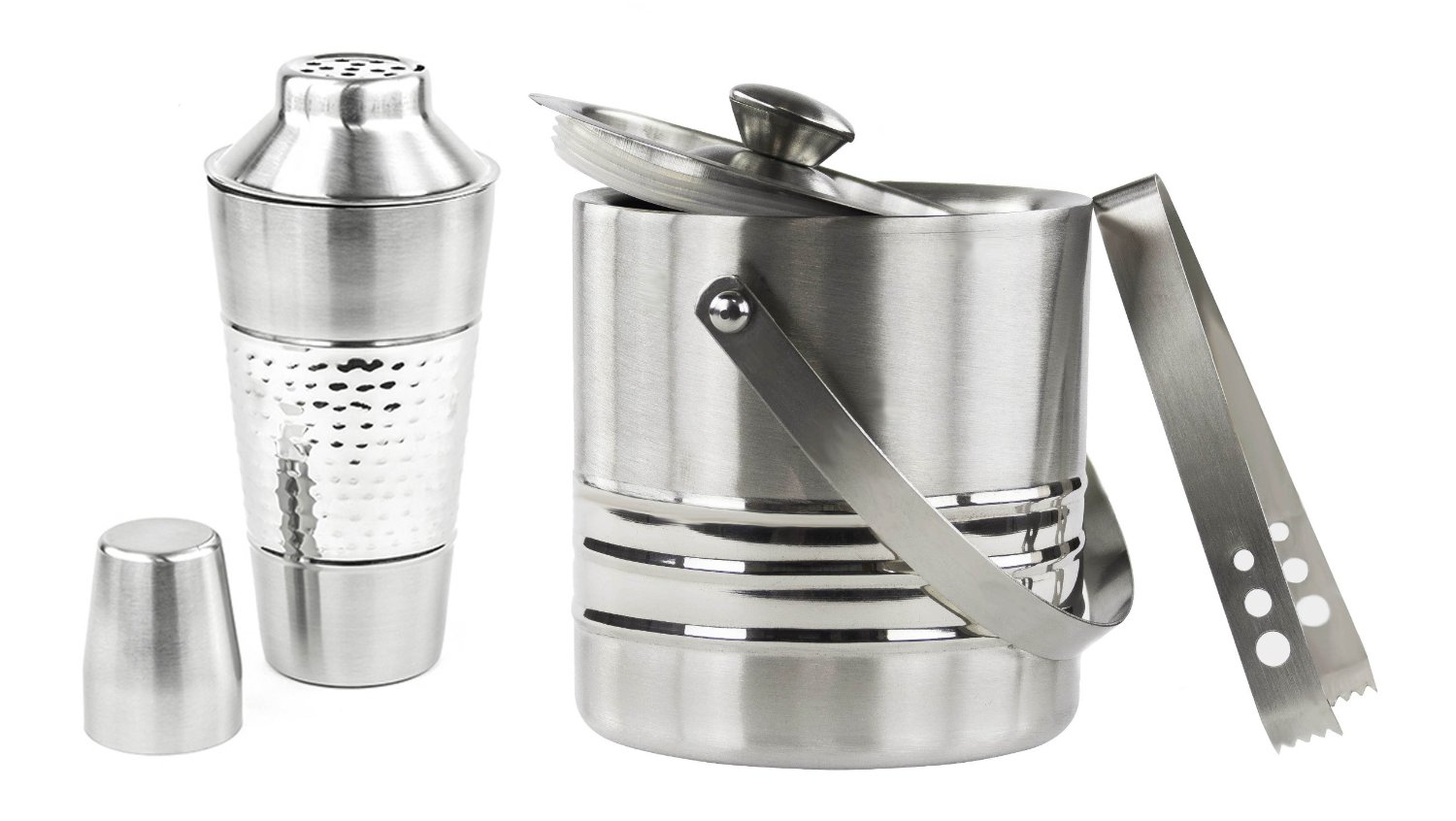 25 Oz Stainless Steel Cocktail Shaker & 3 Qt Double Wall Ice Bucket ...