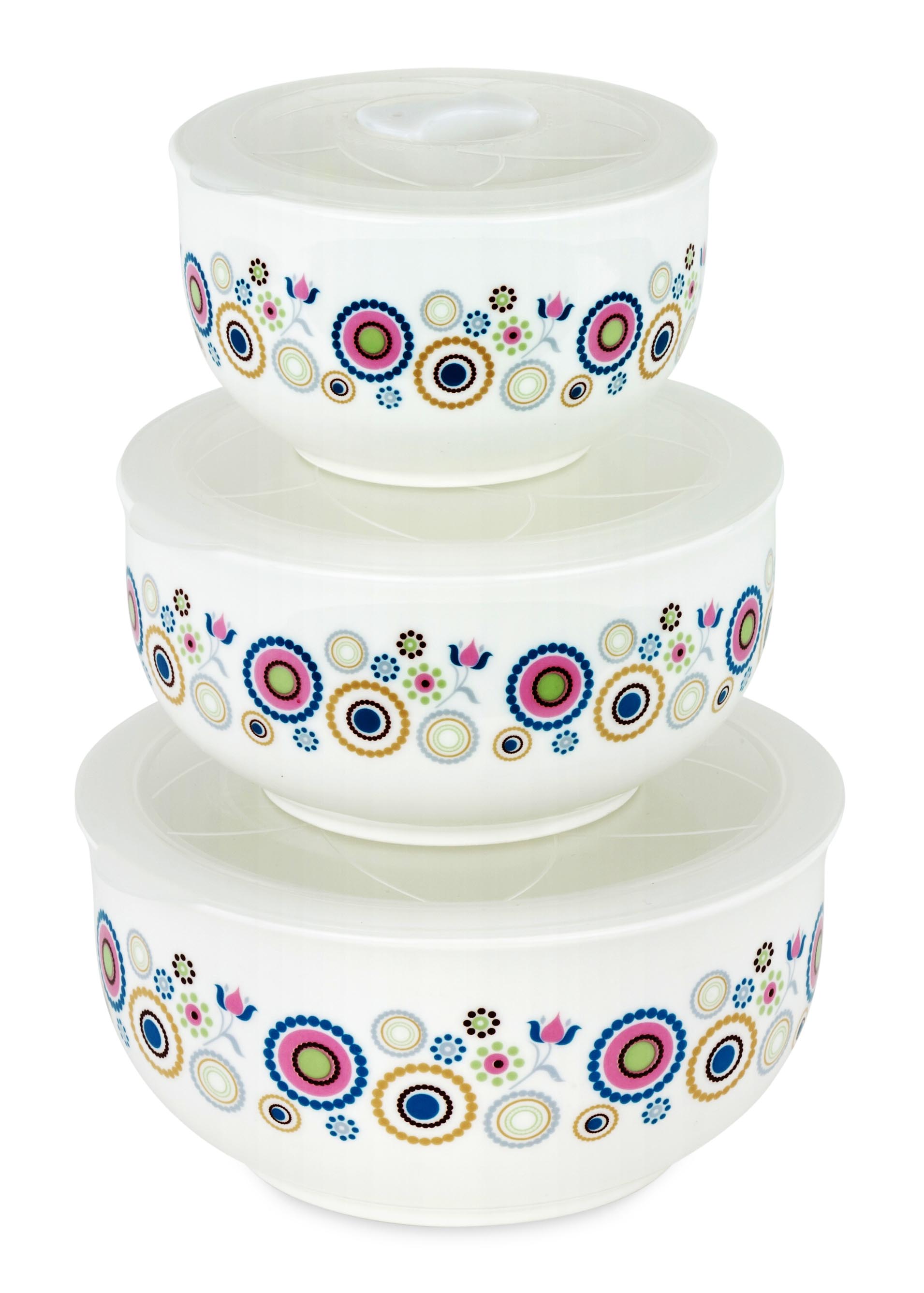 6 Pc Ceramic Bowls Set - Food Storage Containers w/ Vented Lids (Floral