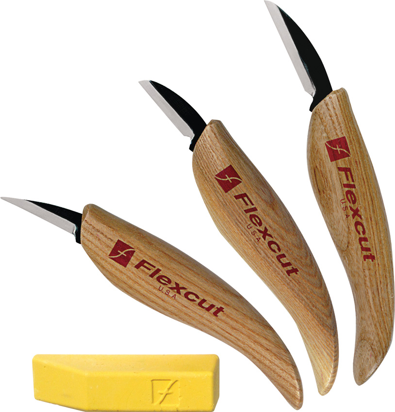 Flexcut Starter Tan Wood Carbon Steel 3pc Fixed Blade Knife Set KN500