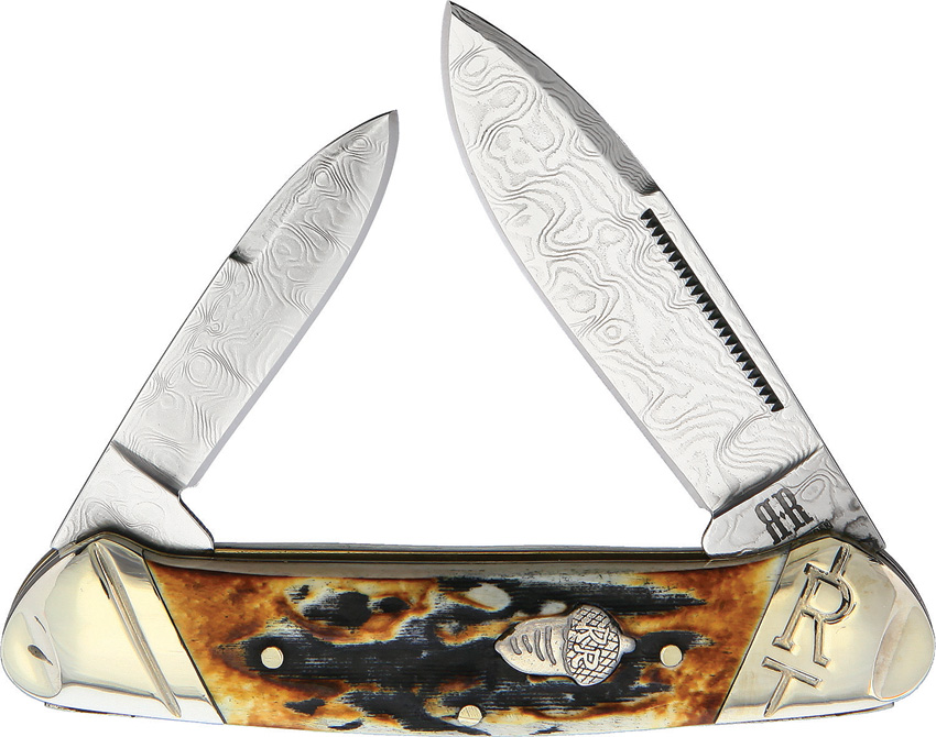 Rough Ryder Canoe Cinnamon Stag Bone Folding Damascus Pocket Knife