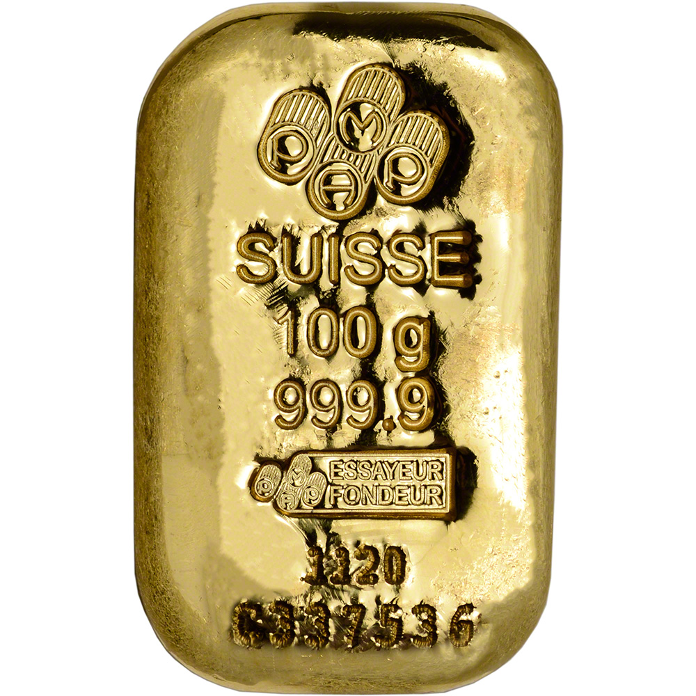PAMP 100g 銀バー 999.0 スイス製 100 gram Gold Bar - PAMP Suisse - Poured - 999.9 Fine with Assay