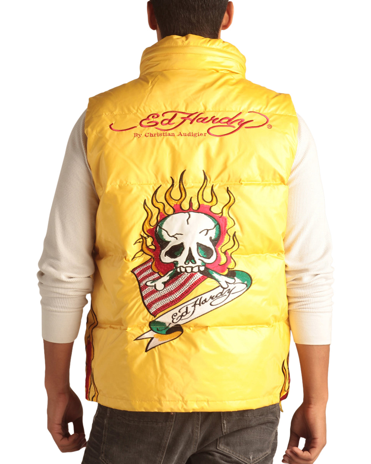 Ed Hardy Yellow Mens Flaming Skull Puffer Vest | eBay
